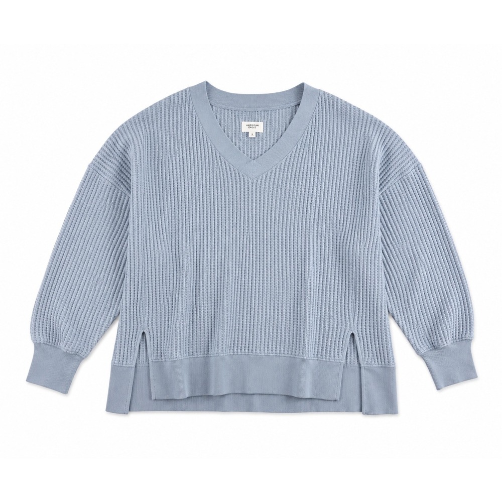 American Eagle Womens Light Blue Waffle Knit‎ V-Neck Oversized Pullover Top S